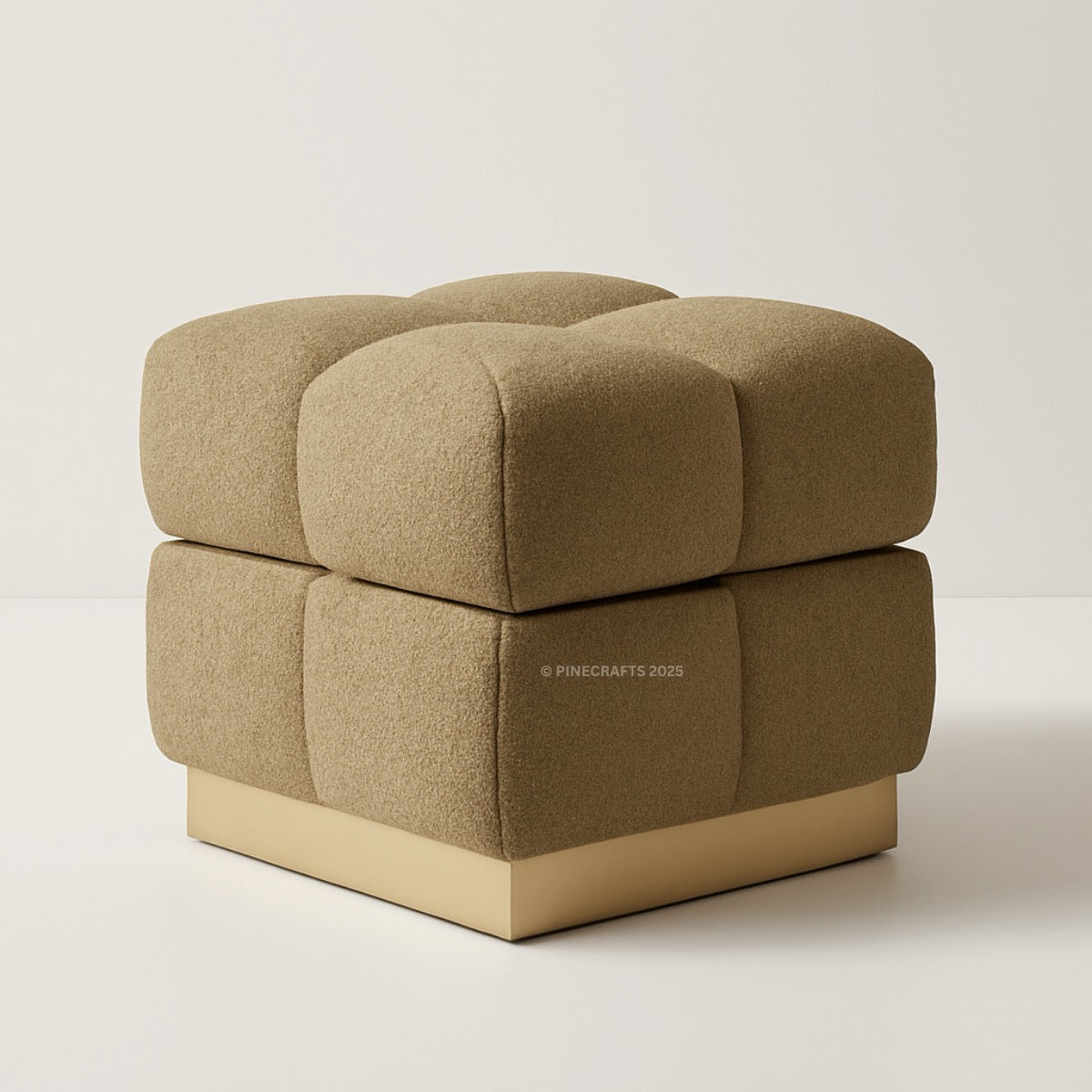 Brown cube-shaped ottoman on a light gray background