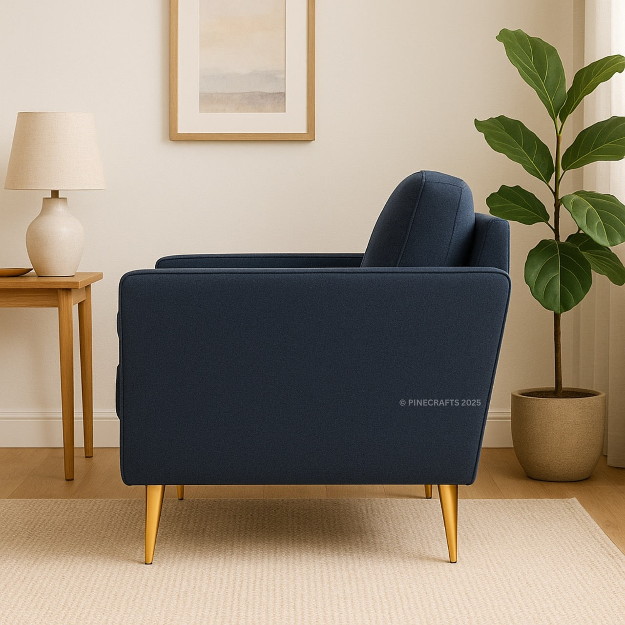 Navy blue armchair with gold legs in a living room setting with a plant and lamp.