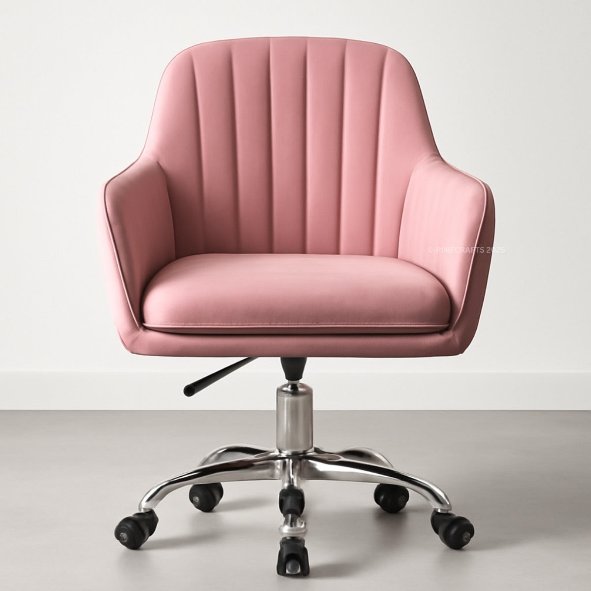 Pink office chair with a ribbed backrest on a light gray background