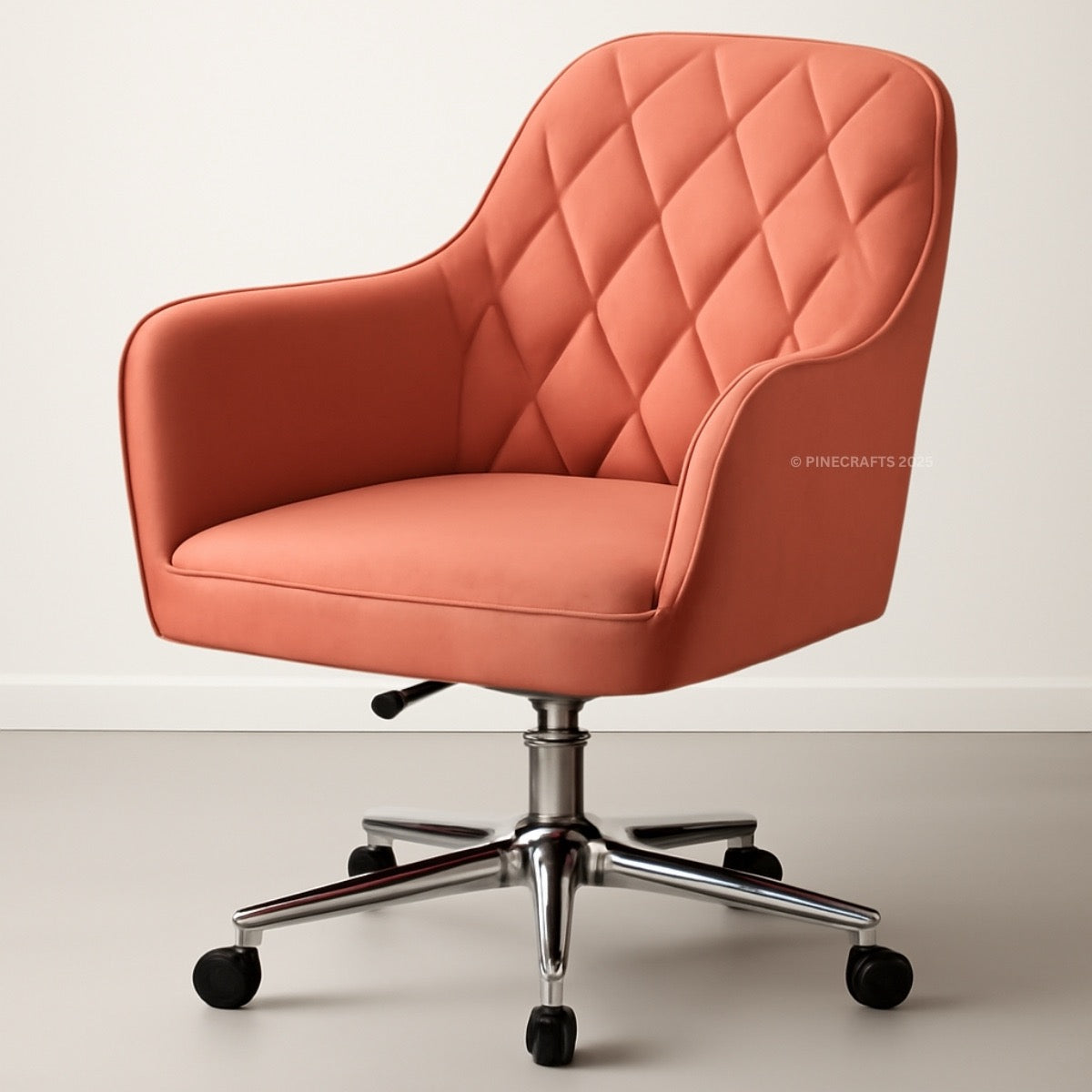 Pink office chair with quilted design on a beige background