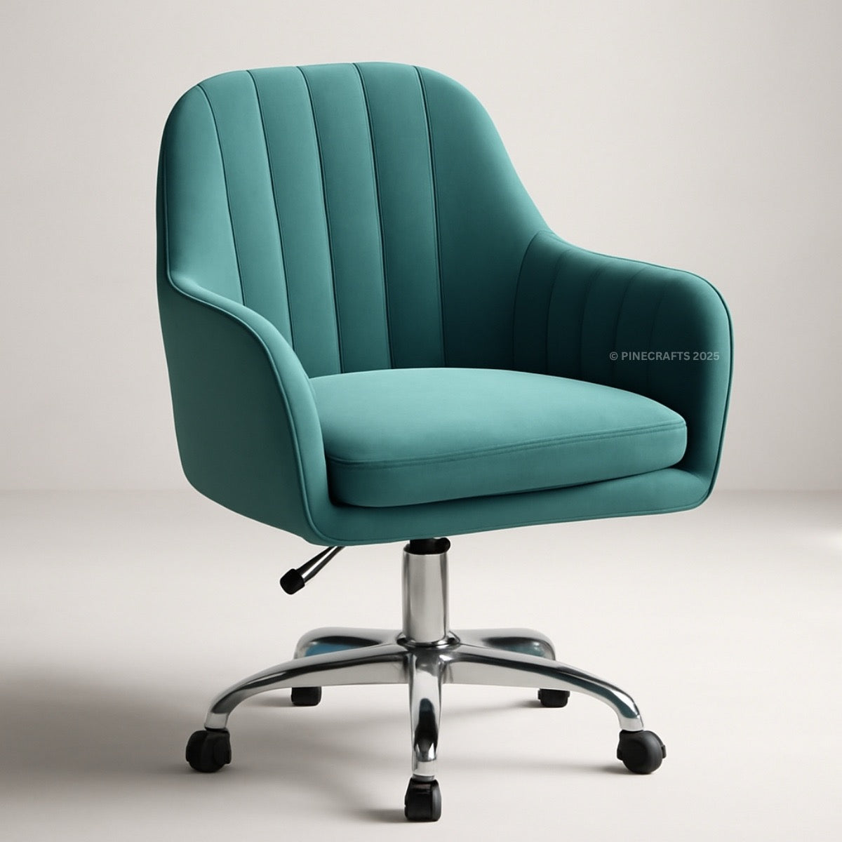 Teal office chair with a ribbed backrest on a light gray background