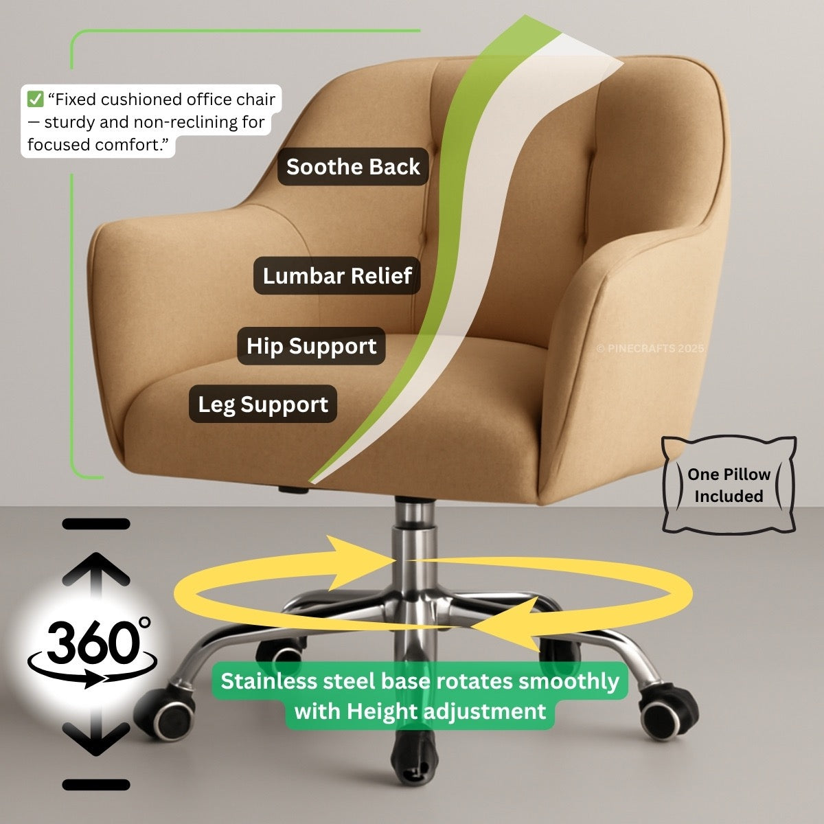 Beige office chair with features highlighted on a gray background