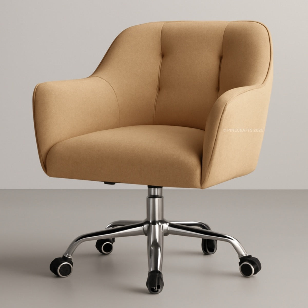 Beige office chair with chrome base on a neutral background