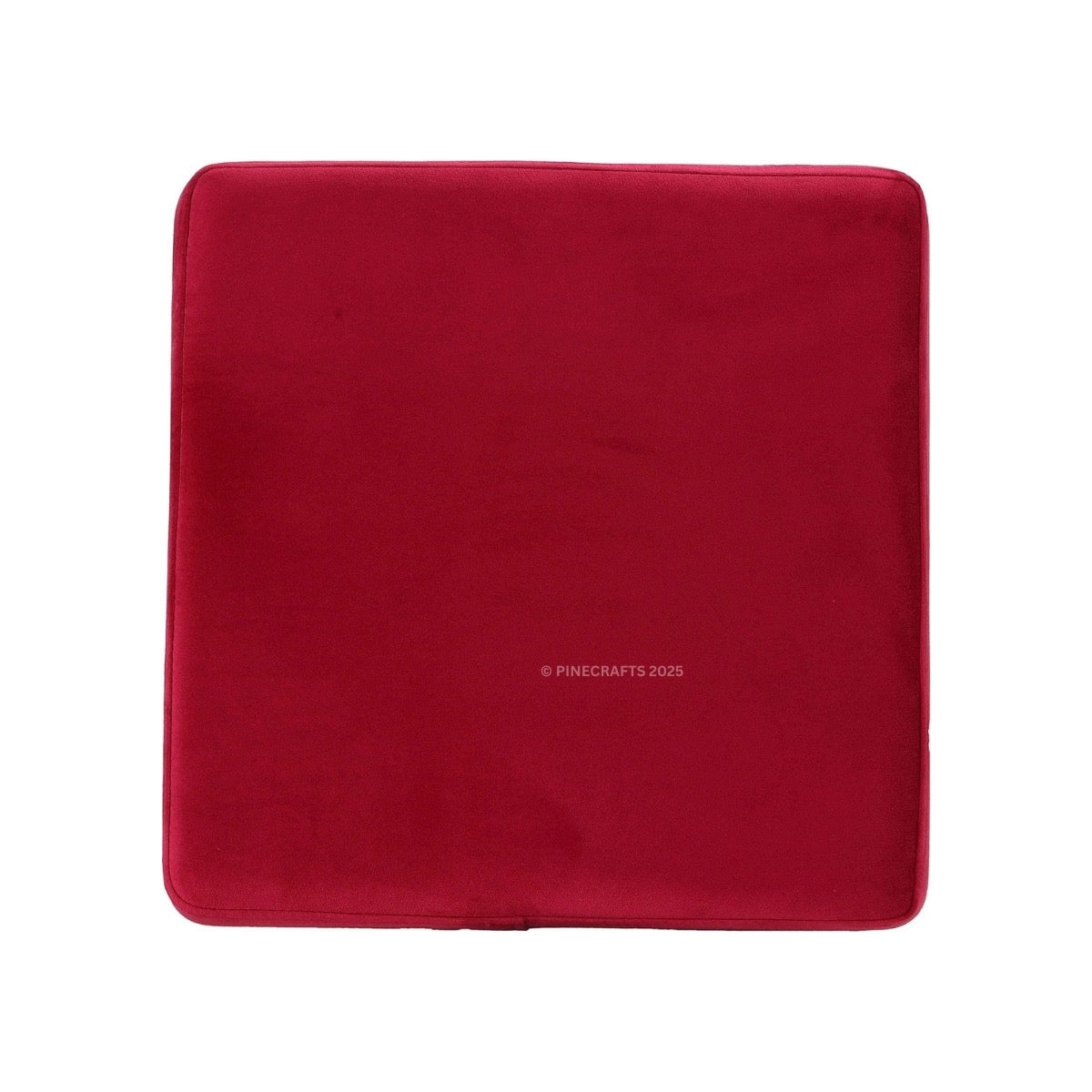 Red fabric square with 'Pinecrafts 2020' branding on a white background