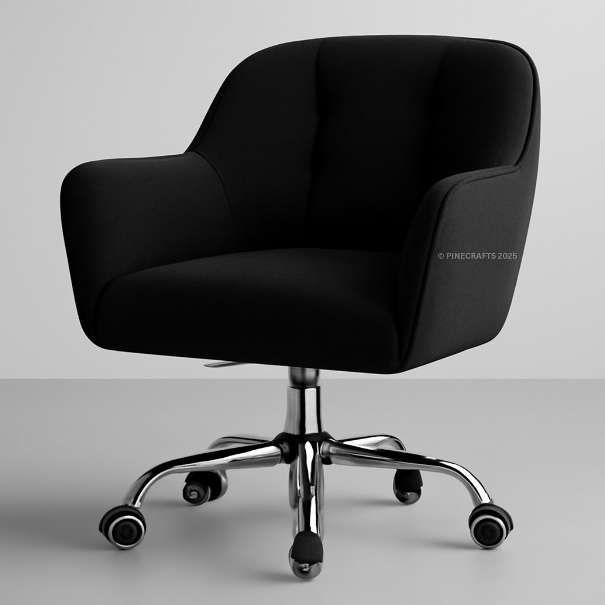 Black office chair with chrome base on a gray background