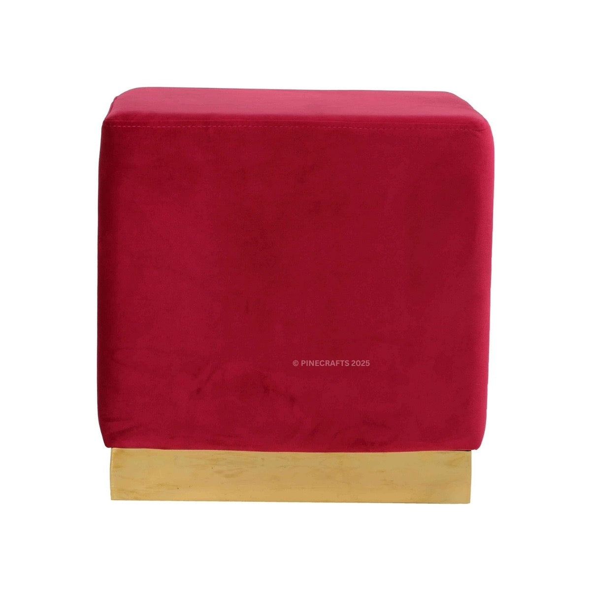 Red cushioned stool with a gold base on a white background
