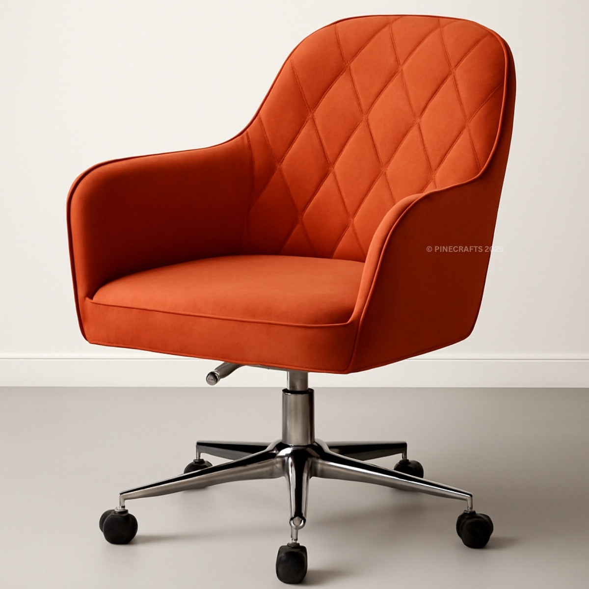Orange office chair with quilted design on a light background