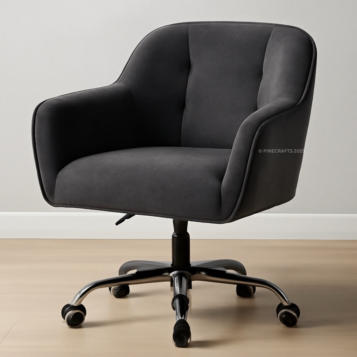 Gray office chair with wheels on a light wooden floor and light gray wall background