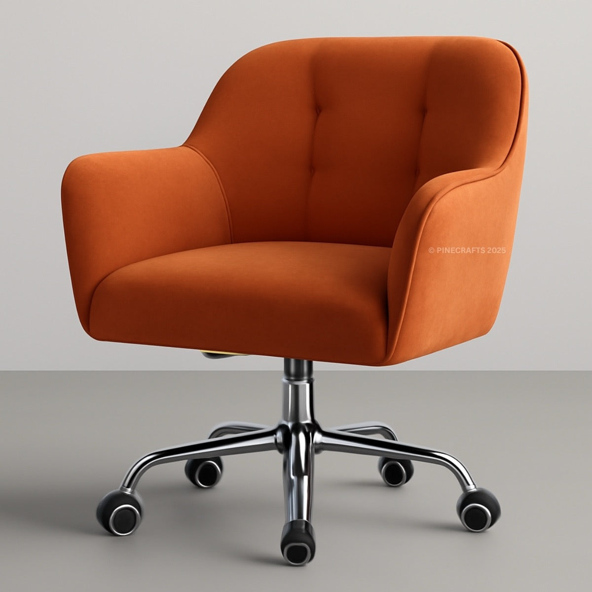 Orange office chair with chrome base on a gray background