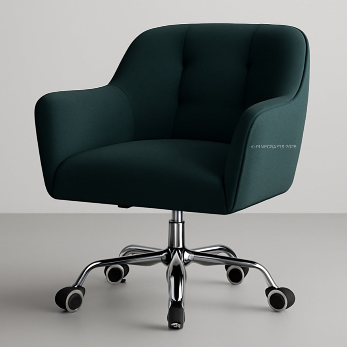 Dark green office chair with chrome base on a light gray background