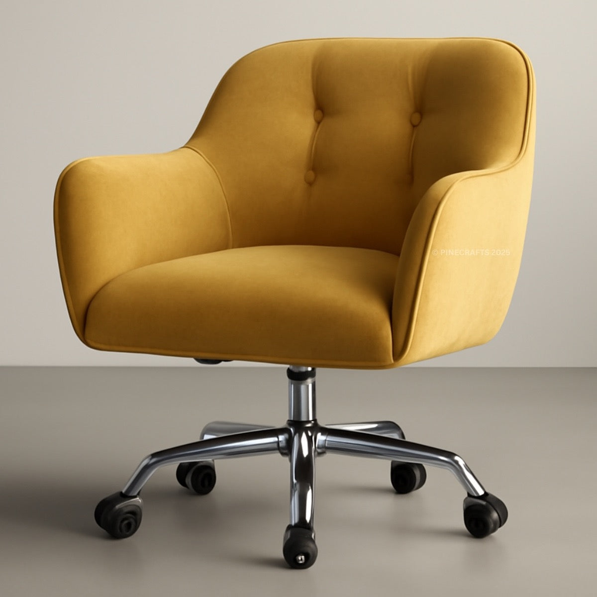 Yellow office chair with chrome base on a neutral background