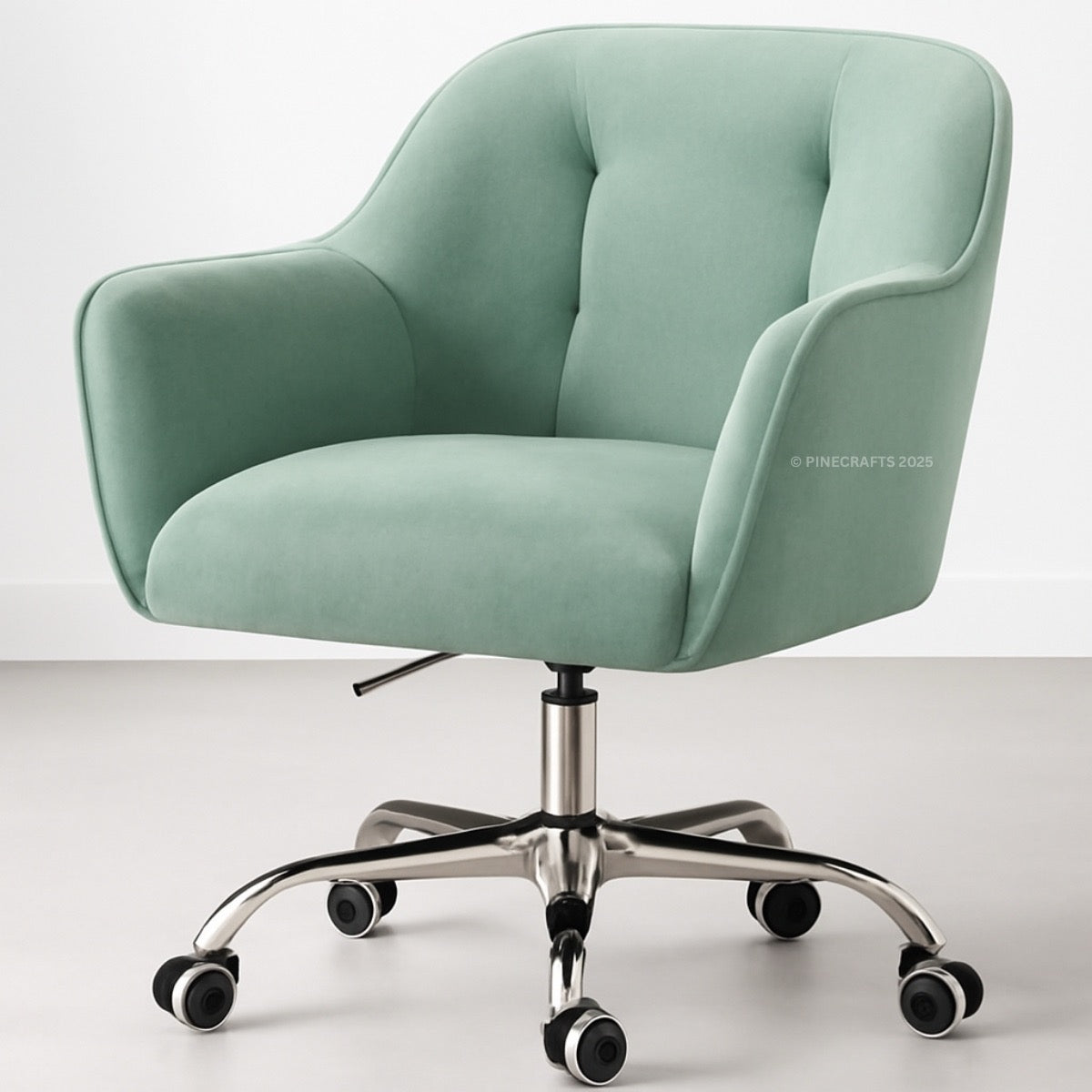 Mint green office chair with a chrome base on a white background