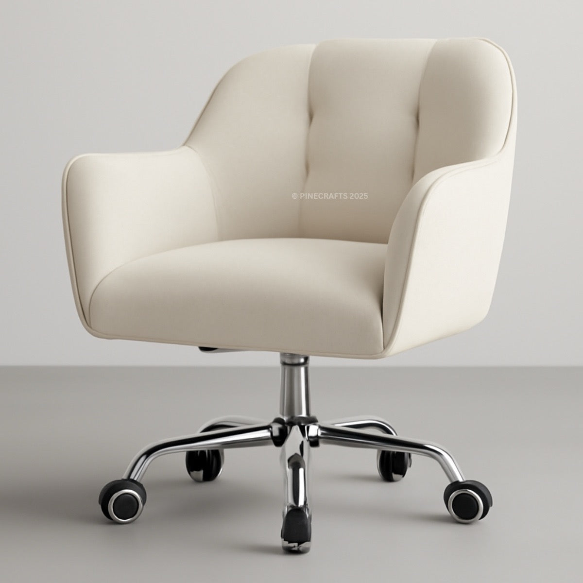 Beige office chair with chrome base on a plain background