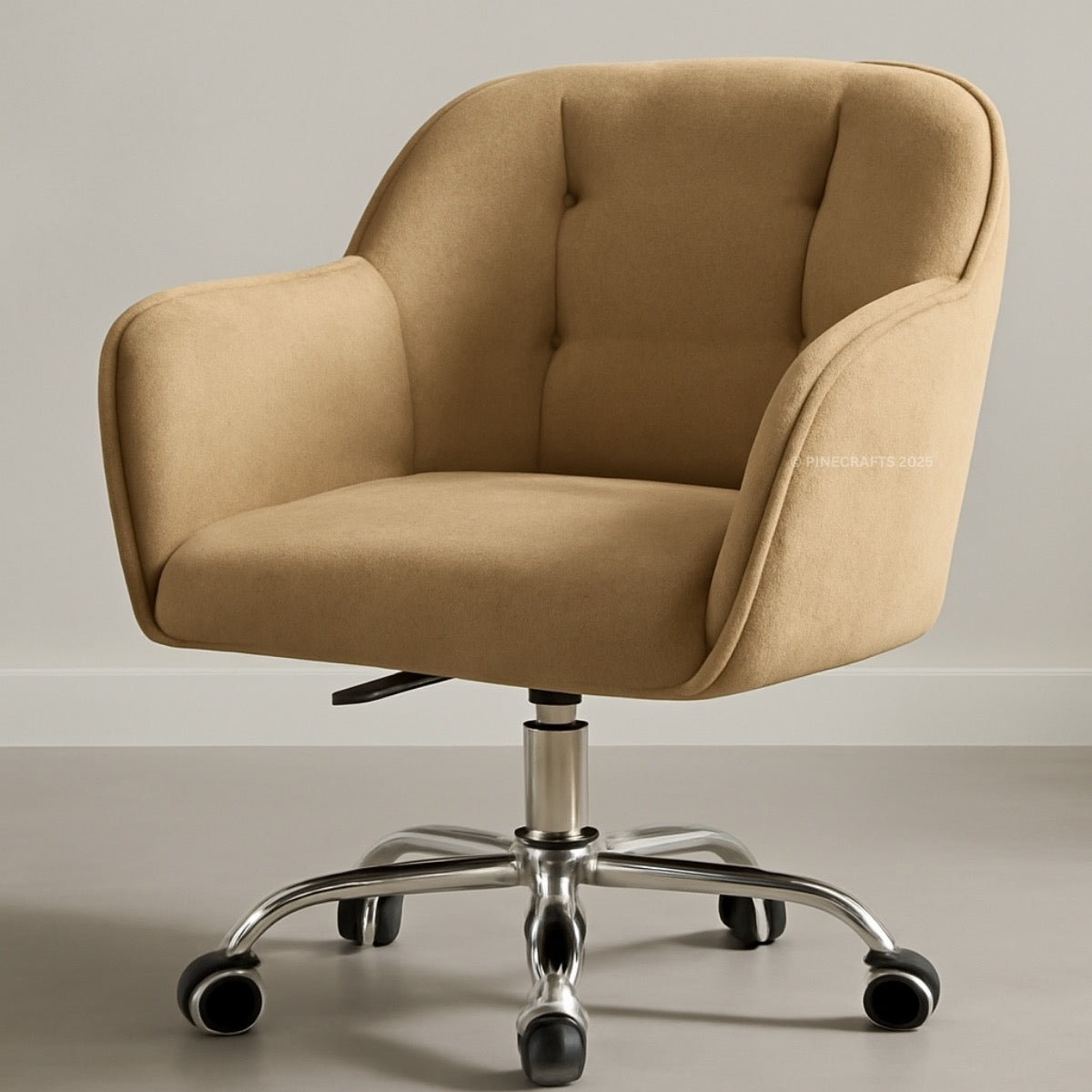 Beige office chair with chrome base on a neutral background