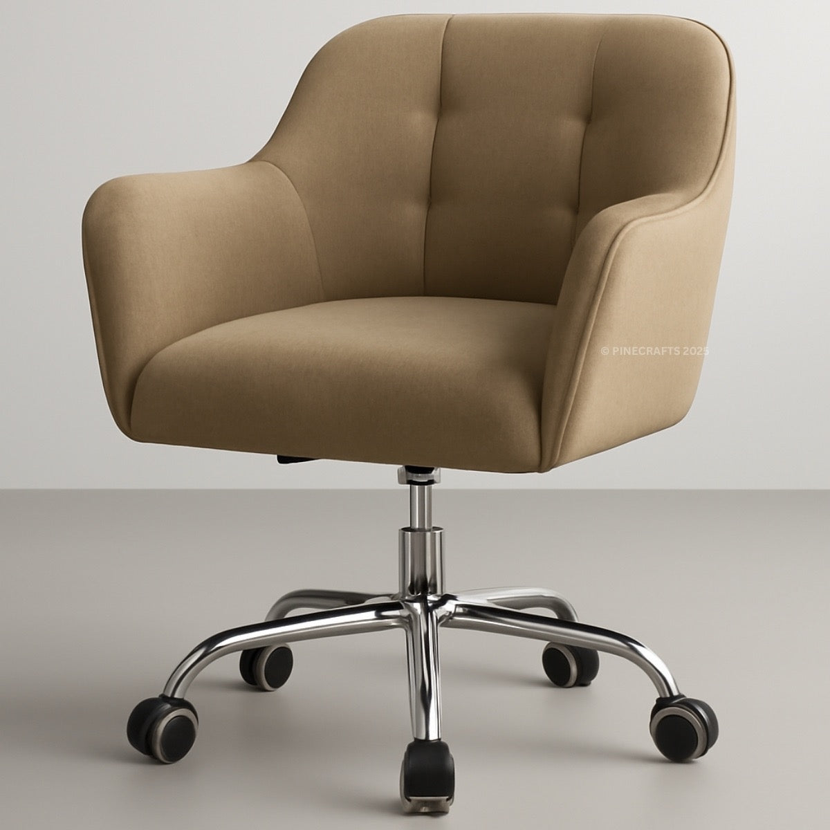 Beige office chair with chrome base on a neutral background