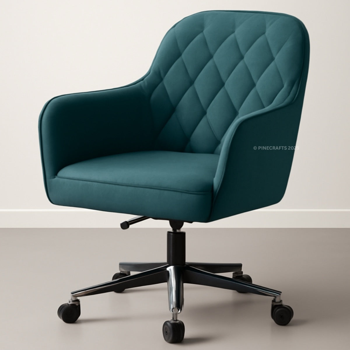 Teal office chair with quilted design on a plain background
