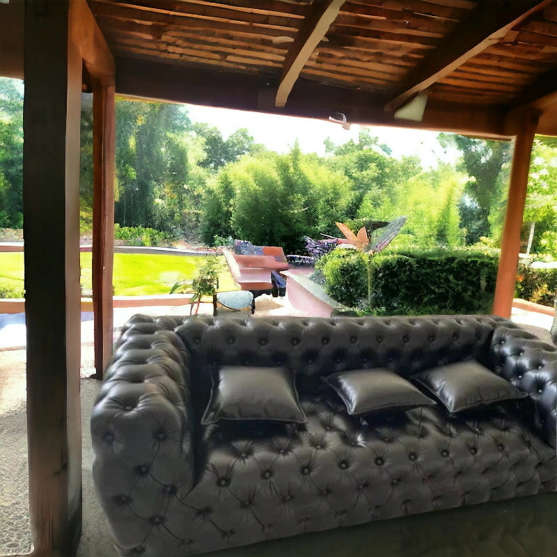 Button Tufted Design Cute Look 3 Seater Fabric Sofa