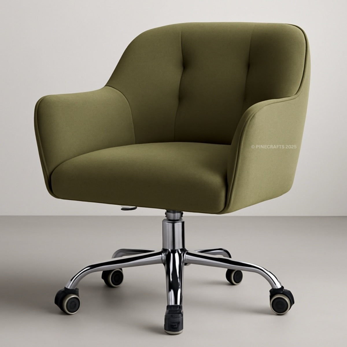 Green office chair with chrome base on a plain background