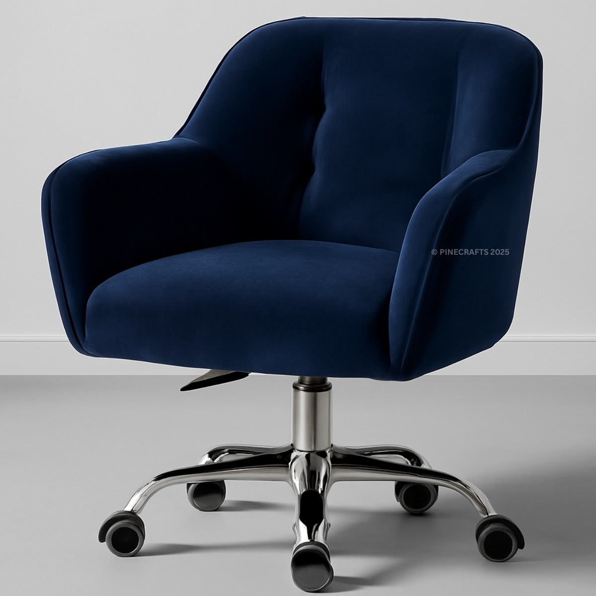 Blue office chair with chrome base on a gray background