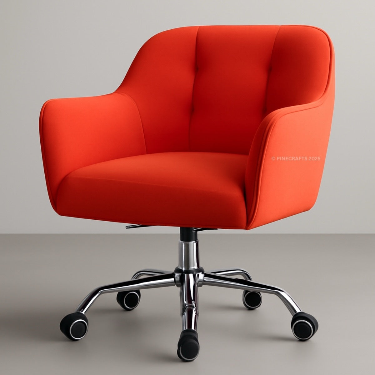 Red office chair with chrome base on a gray background