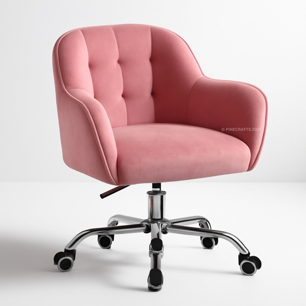 Pink office chair with chrome base on a white background