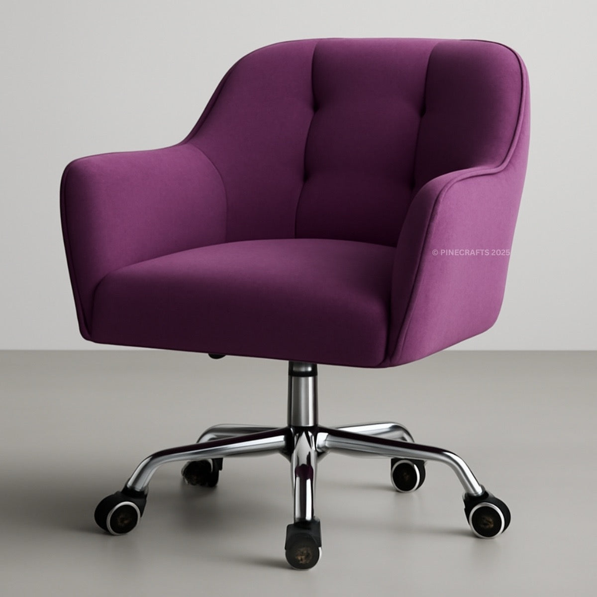 Purple office chair with chrome base on a gray background