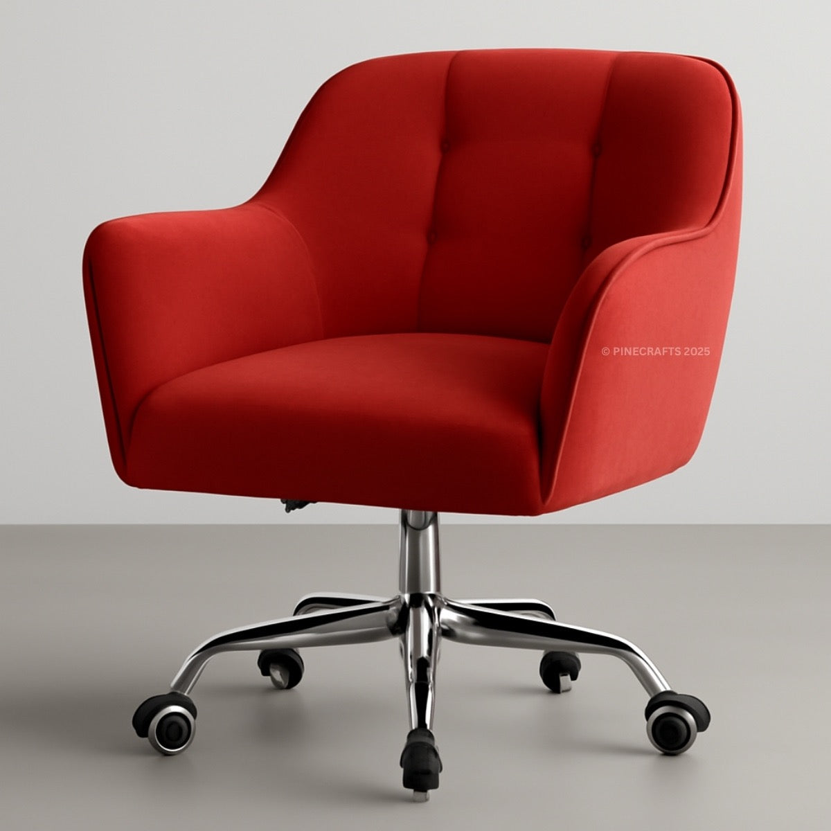 Red office chair with a chrome base on a gray background