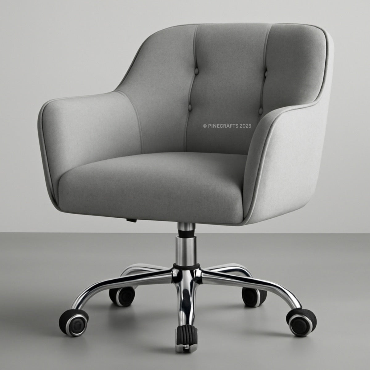 Gray office chair with chrome base on a plain background