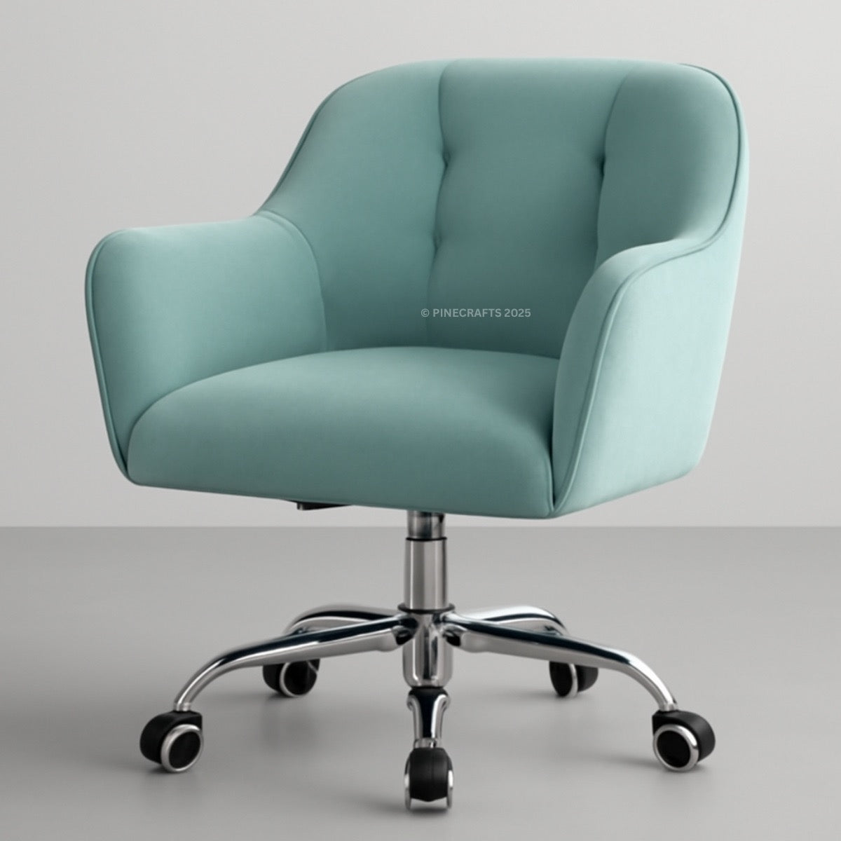 Light blue office chair with chrome base on a gray background