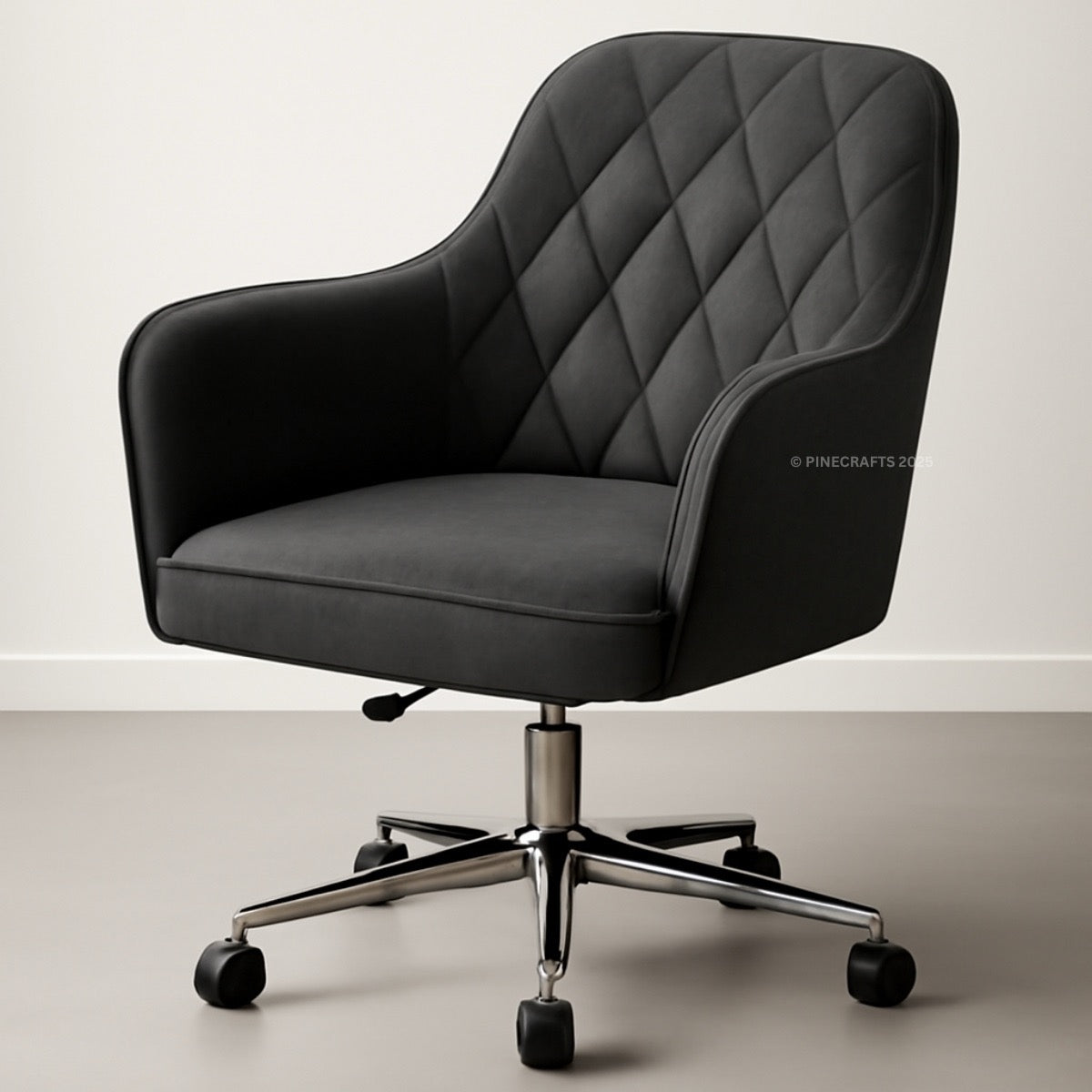 Black office chair with quilted design on a light background