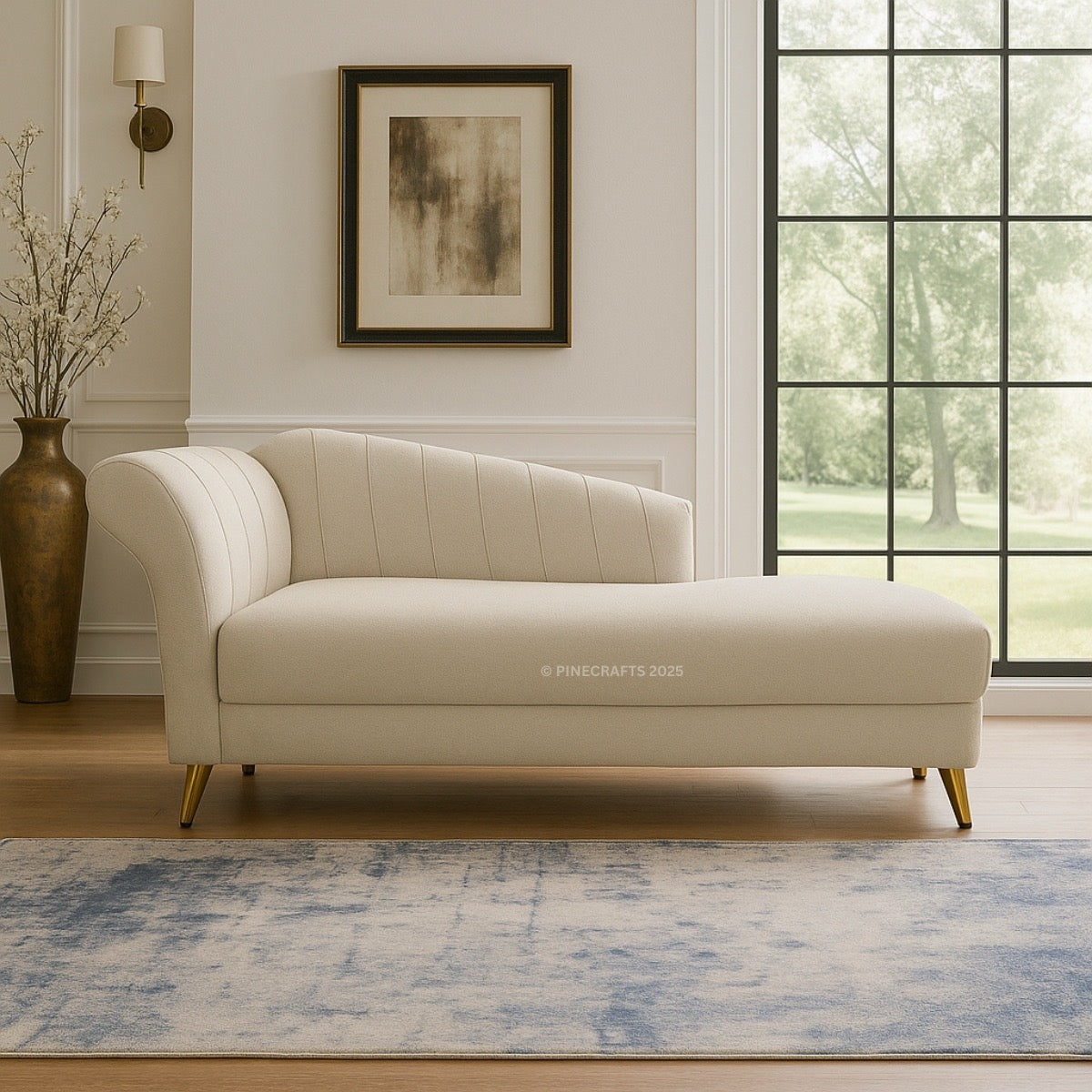 Beige sofa in a living room with a large window and decorative elements.