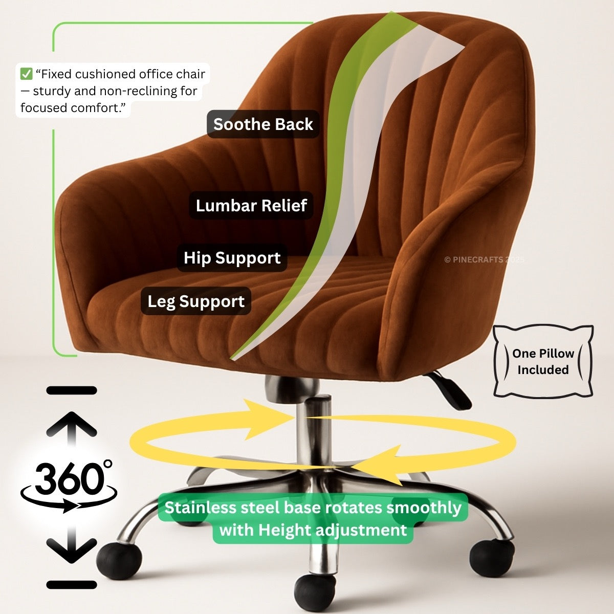 Brown office chair with features highlighted on a white background