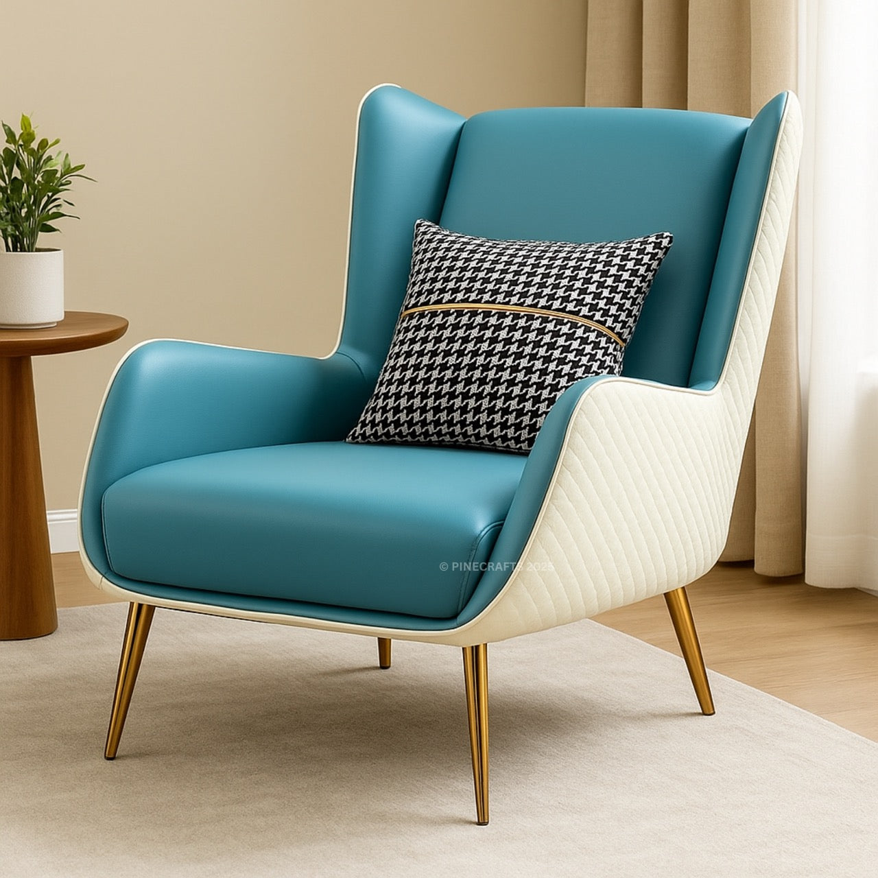 Modern blue armchair with a patterned pillow in a room setting.