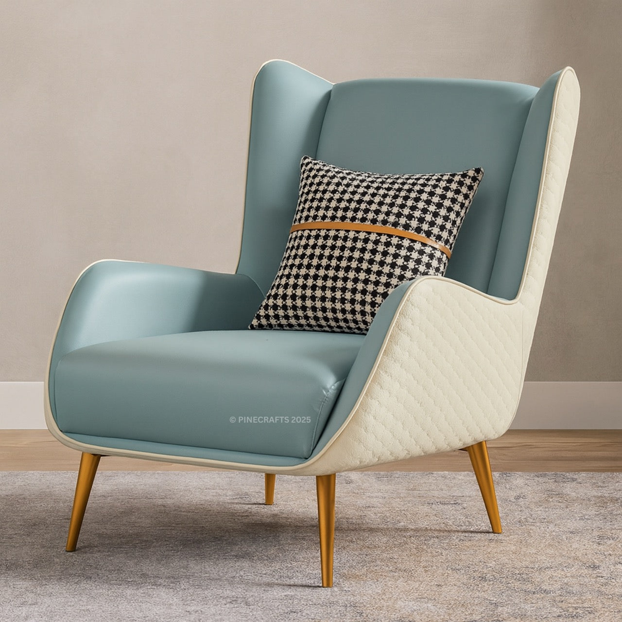 Modern armchair with a checkered pillow on a neutral background
