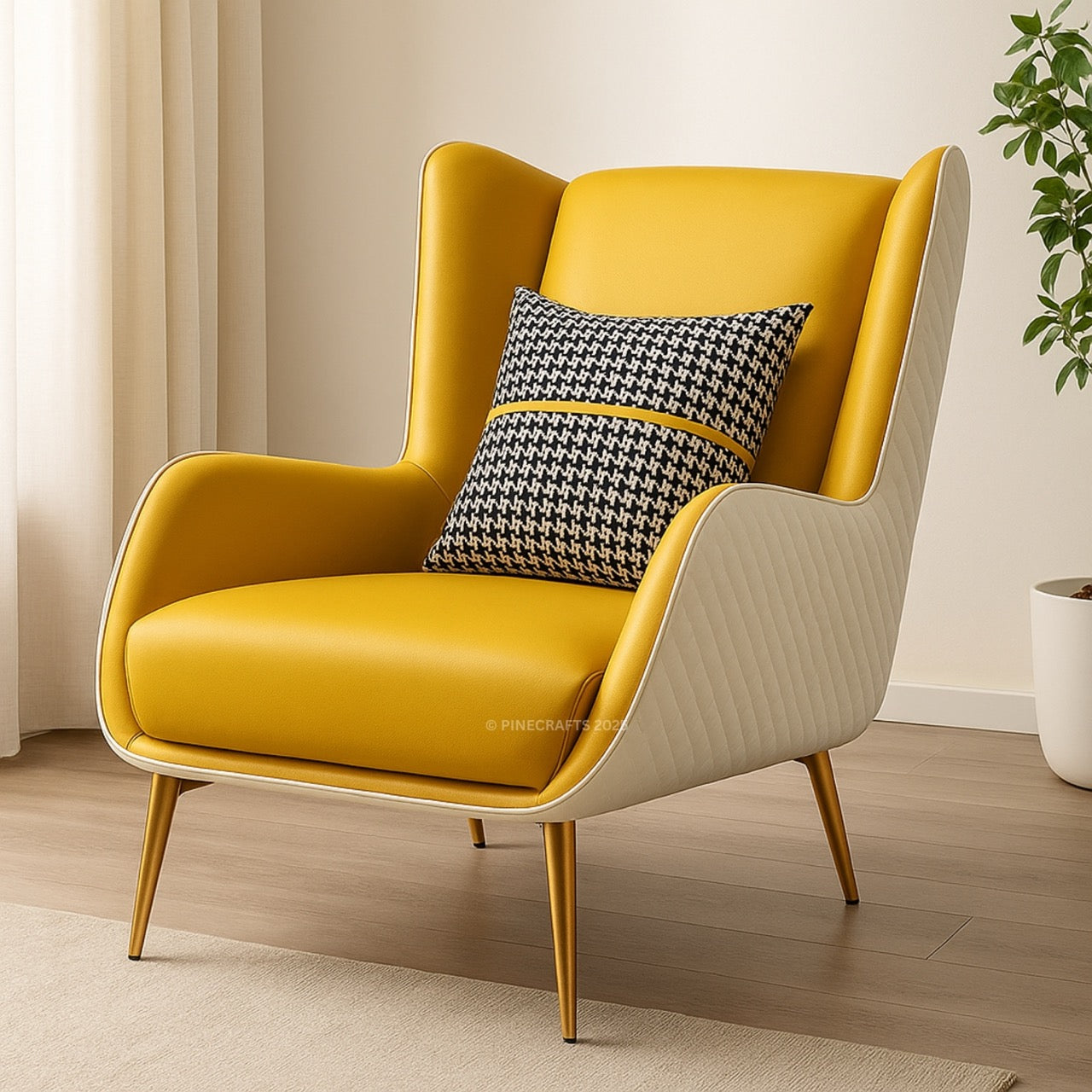 Yellow armchair with a patterned pillow in a room setting