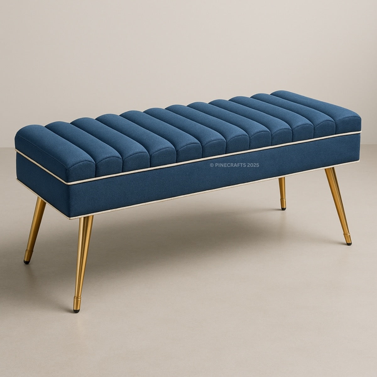 Blue bench with gold legs on a beige background
