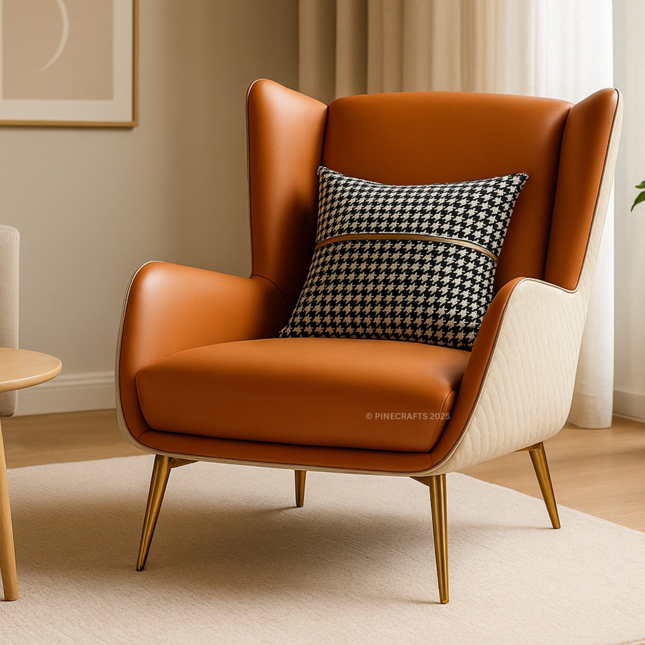Brown armchair with a patterned pillow in a room setting