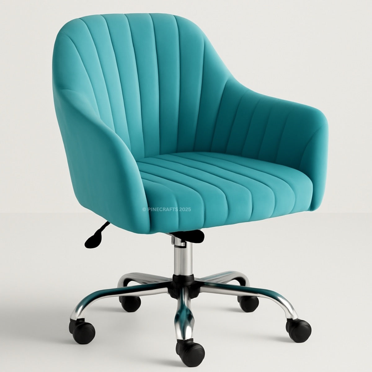 Turquoise office chair with a ribbed texture on a light gray background