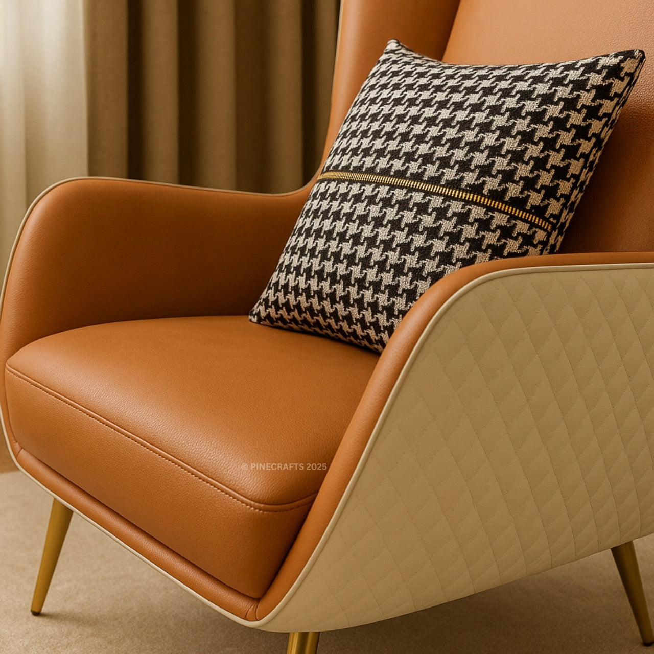 Brown armchair with a patterned pillow against a neutral background