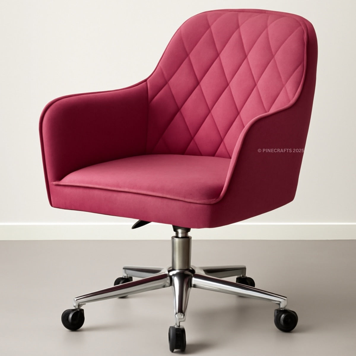 Pink office chair with quilted design on a light background