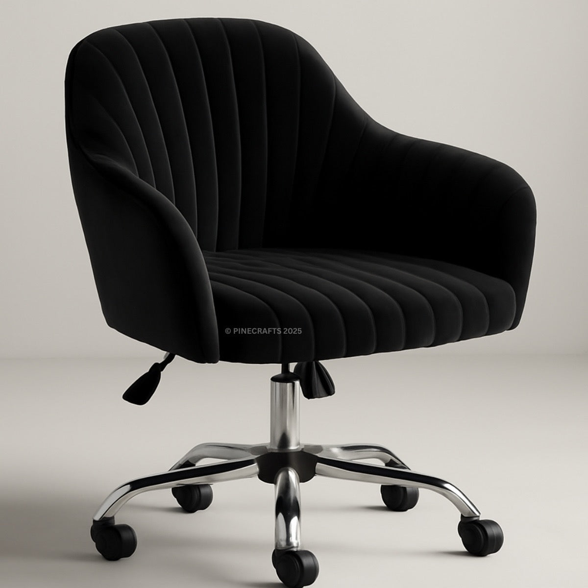 Black office chair with ribbed texture on a light gray background