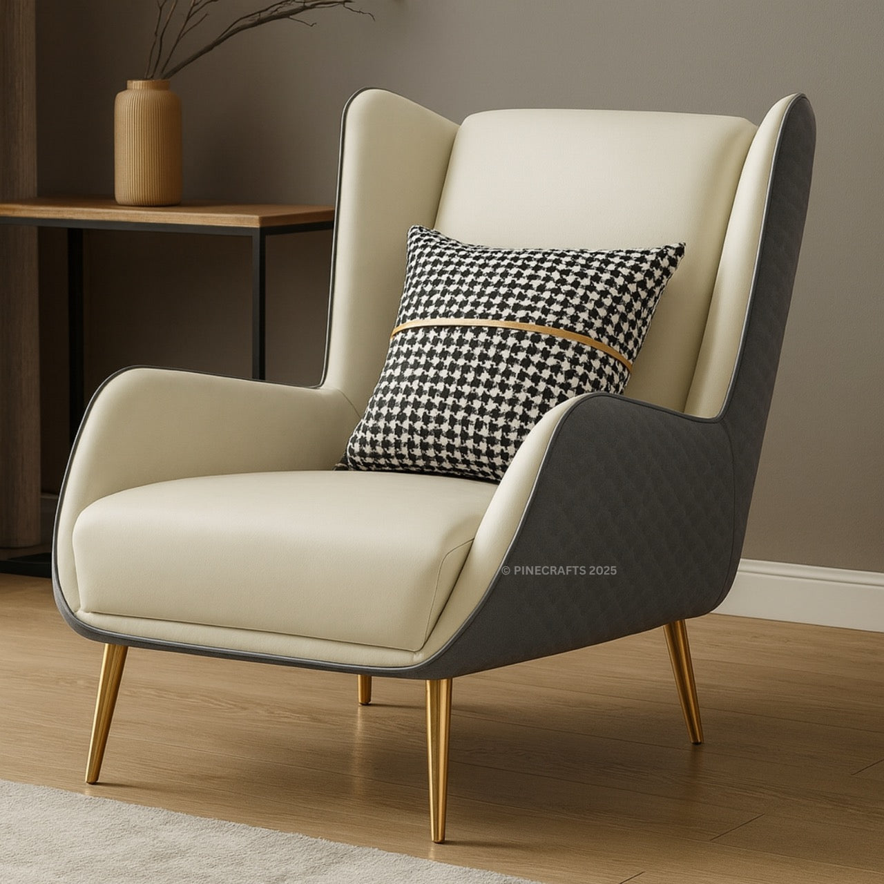 Modern armchair with a checkered pillow in a room setting