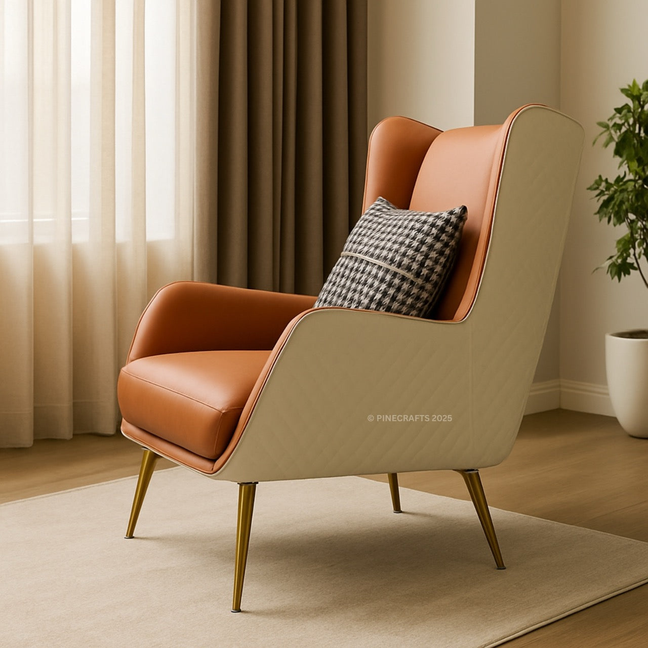 Modern armchair with brown leather seat and beige backrest in a room with curtains and a plant.