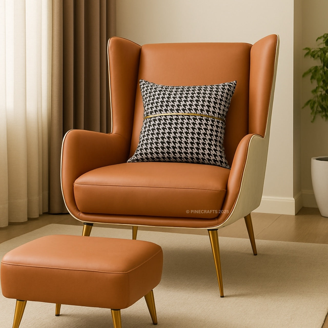 Brown leather armchair with a houndstooth pattern pillow in a room setting.