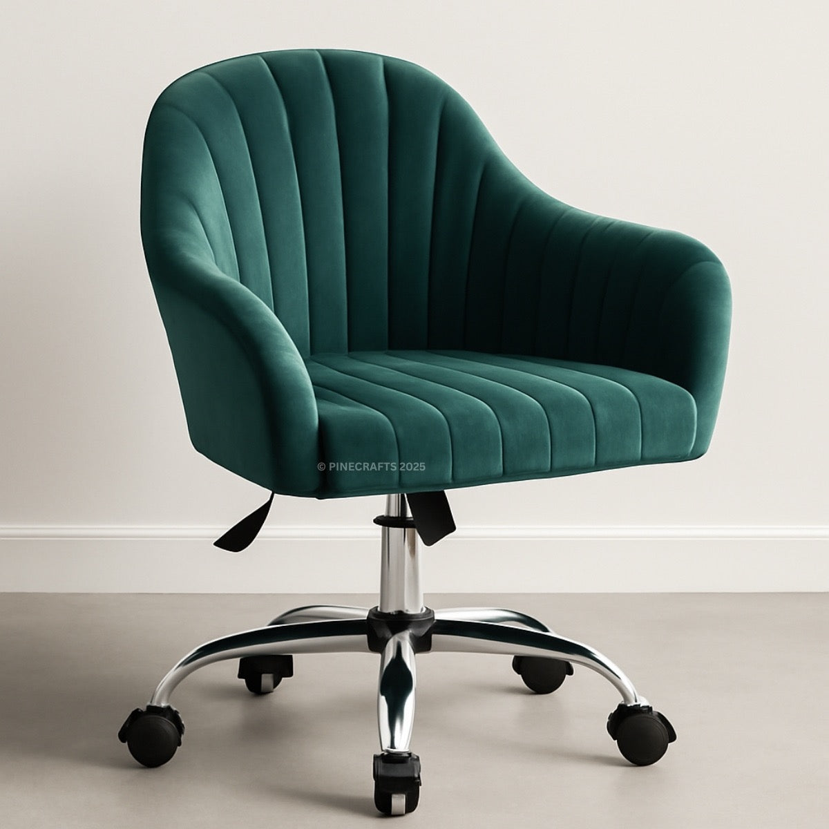 Green velvet office chair with a chrome base on a plain background