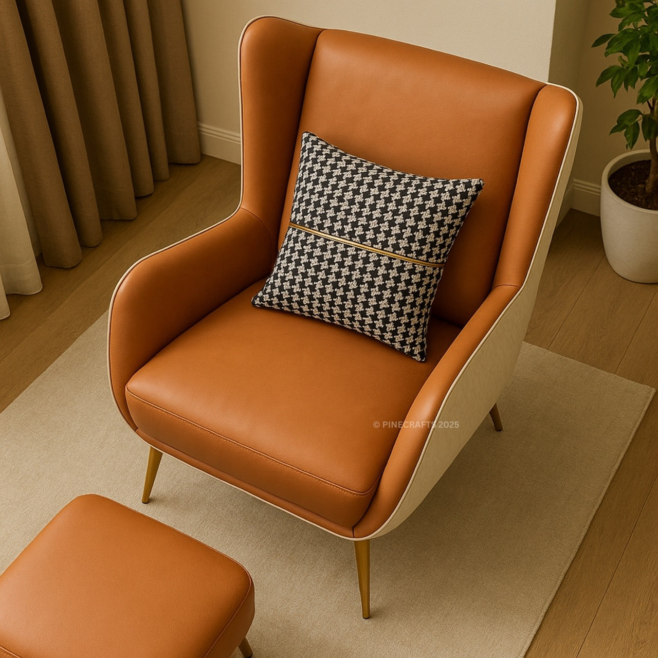 Brown leather armchair with a patterned pillow in a room setting.