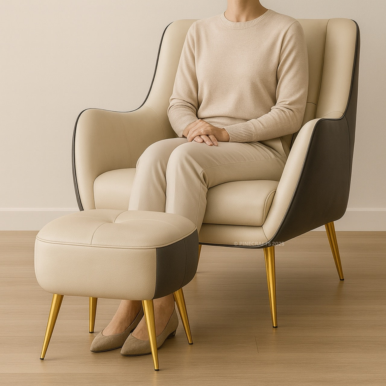Person sitting on a modern beige armchair with gold legs in a minimalistic room.