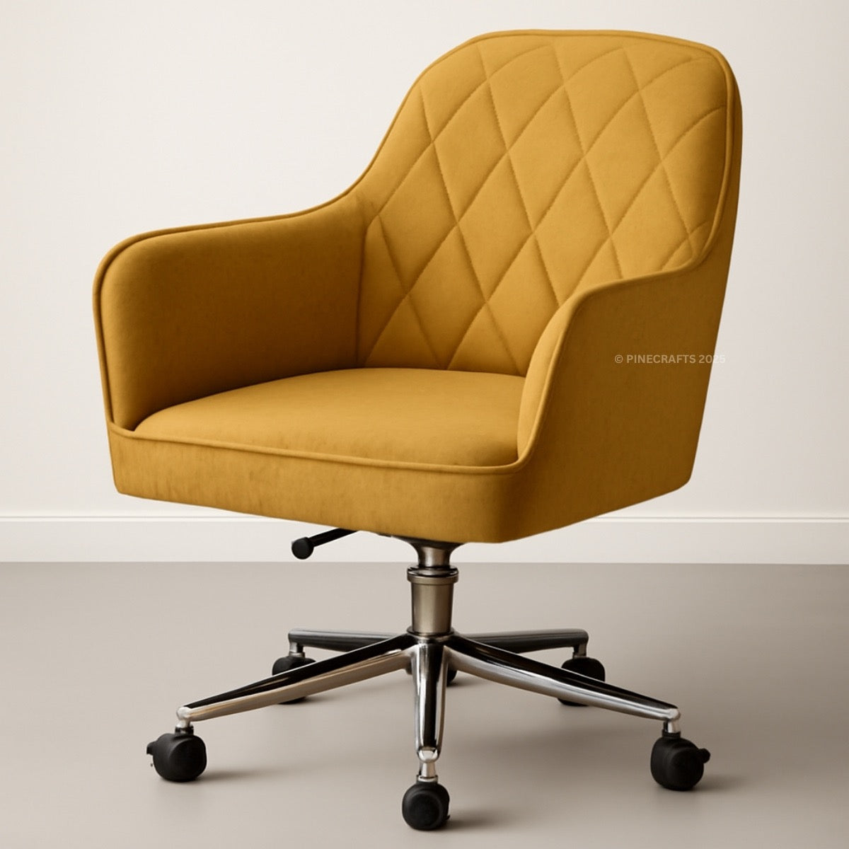 Yellow office chair with quilted design on a beige background