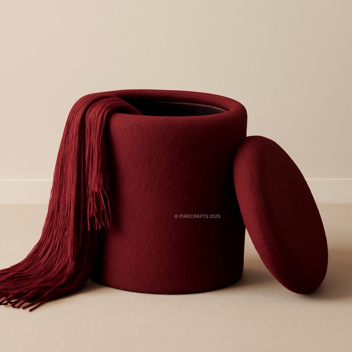 Red woven basket with a red scarf on a beige background