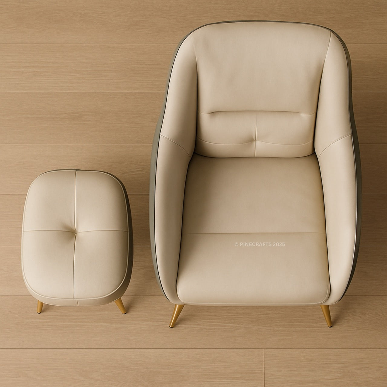 Beige leather armchair and ottoman on a wooden floor with a wooden wall background